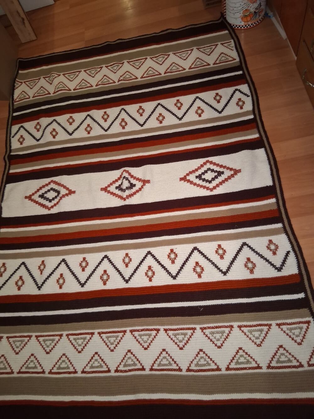 Vintage Crocheted Blanket Aztec Southwestern Grannycore 82x58"